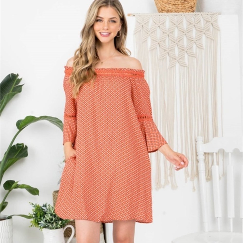 M ORANGE DITSY FLORAL LACE TRIMMED OFF SHOULDER POCKET DRESS
